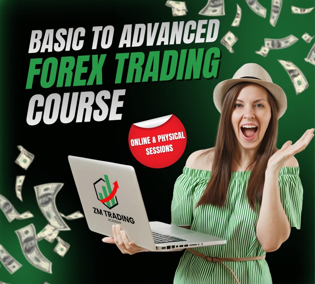 Happy female forex trader holding a laptop with the ZM Trading Academy logo and flying dollar icons around her.