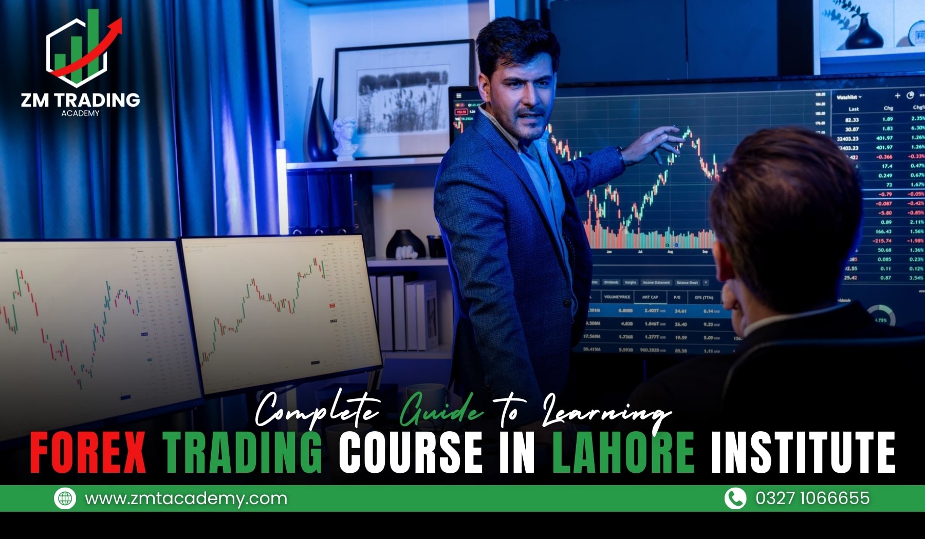 A friendly instructor in a suit guiding a student through live Forex market charts on large monitors in a modern trading room at ZM Trading Academy.