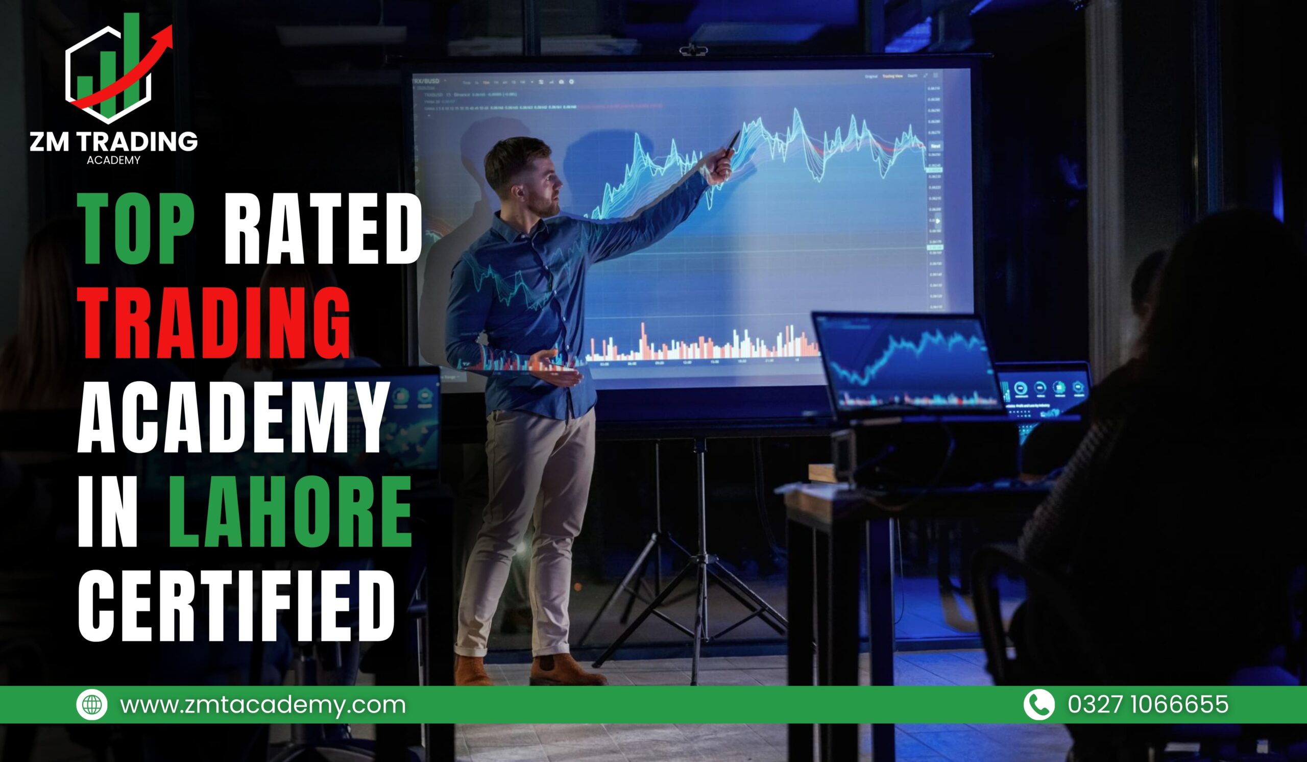 Professional trading mentor teaching students in a modern ZM Trading Academy Lahore classroom, with live charts, laptops, and Pakistani rupee and crypto symbols on screens – Pakistan’s top-rated trading academy.