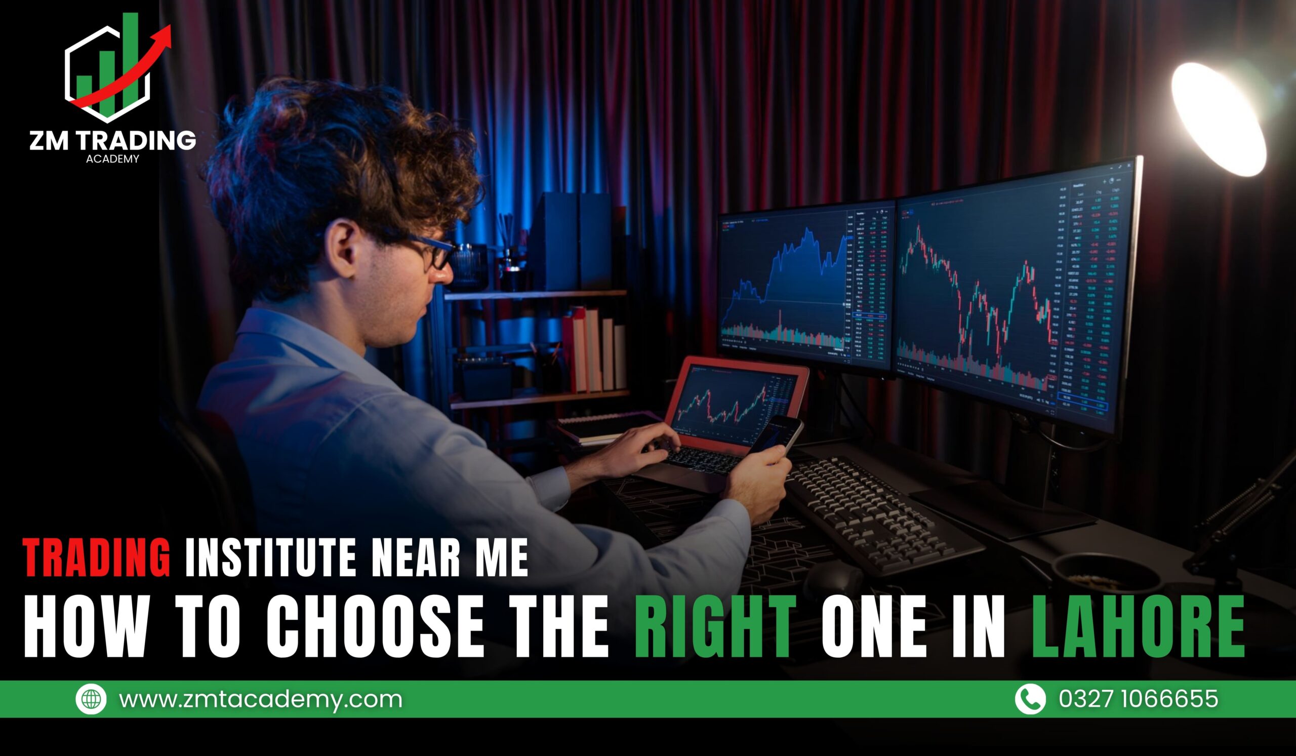 Professional stock trader analyzing market charts on multiple screens at ZM Trading Academy, top trading institute in Lahore for stock, forex, and crypto training