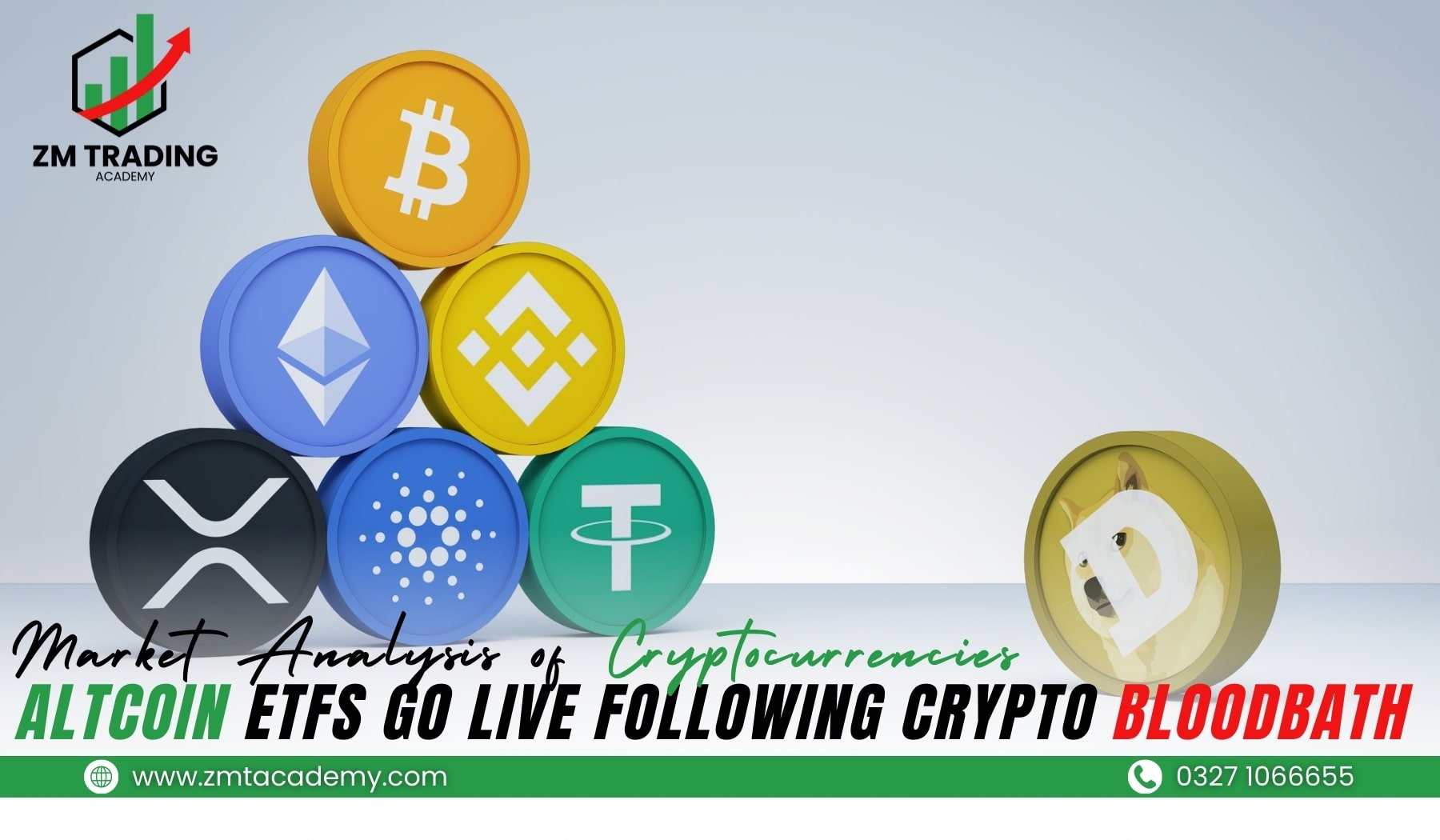 Stacked 3D cryptocurrency coins including Bitcoin, Ethereum, Binance Coin, XRP, Cardano, USDT, and a separate Dogecoin coin, with text overlay "Market Analysis of Cryptocurrencies" and "ALTCOIN ETFS GO LIVE FOLLOWING CRYPTO BLOODBATH" for ZM Trading Academy blog post.