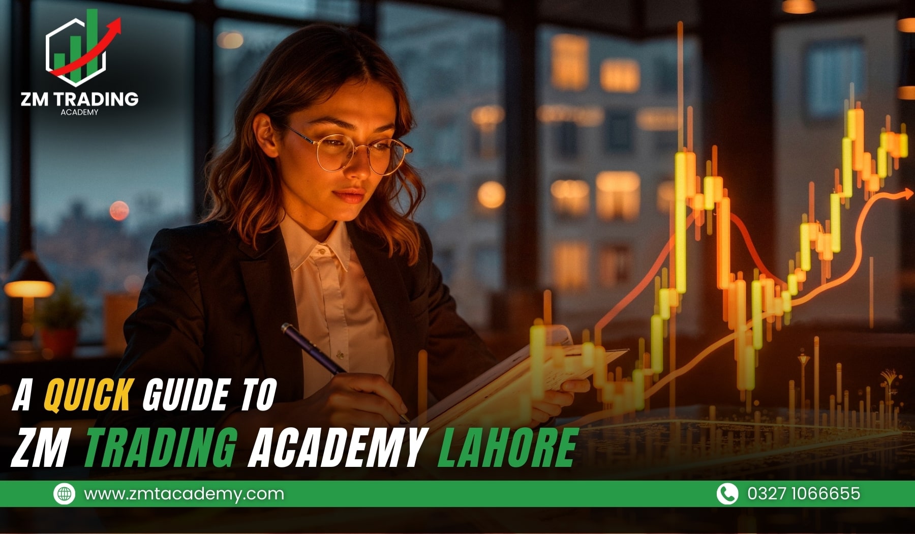Professional female trader analyzing glowing candlestick charts and taking notes at ZM Trading Academy Lahore – Best trading courses in Pakistan for stock market, forex, and cryptocurrency training.